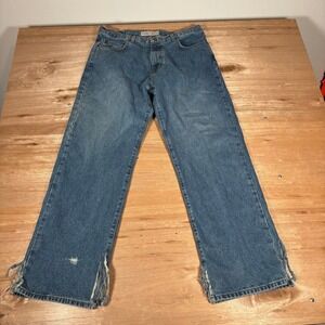 Bullhead Loose Fit Jeans Mens 34x32 Medium Wash Distressed Slit Hem Denim